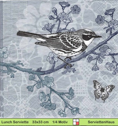 Vogel und Schmetterling in schwarz - 1 Lunch Serviette